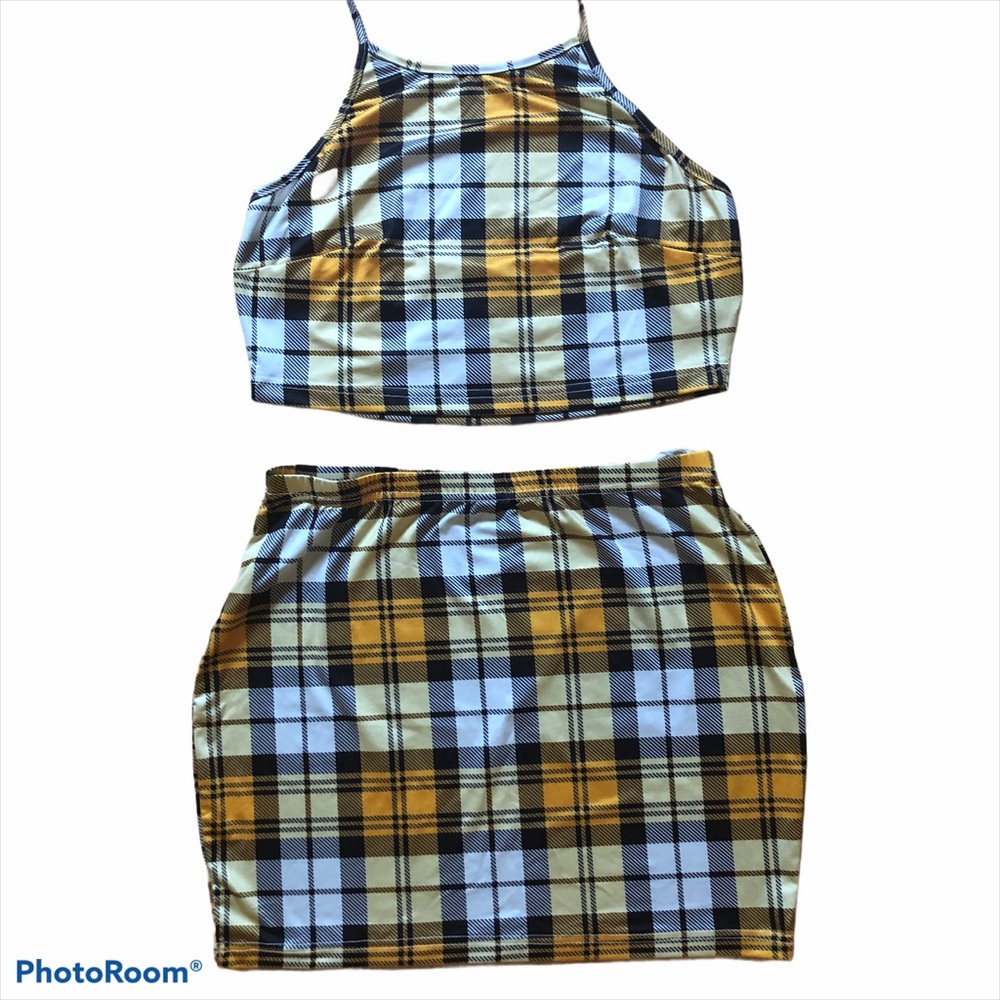 Shein Yellow Plaid Crop and Mini Set - M